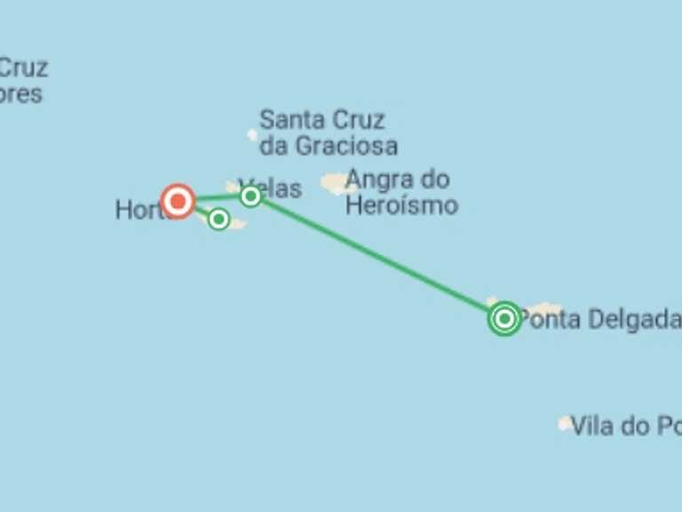 Map itinerary of Portugal Tour in May 2026 with 4 destination visits for the trip: Highlights of the Azores