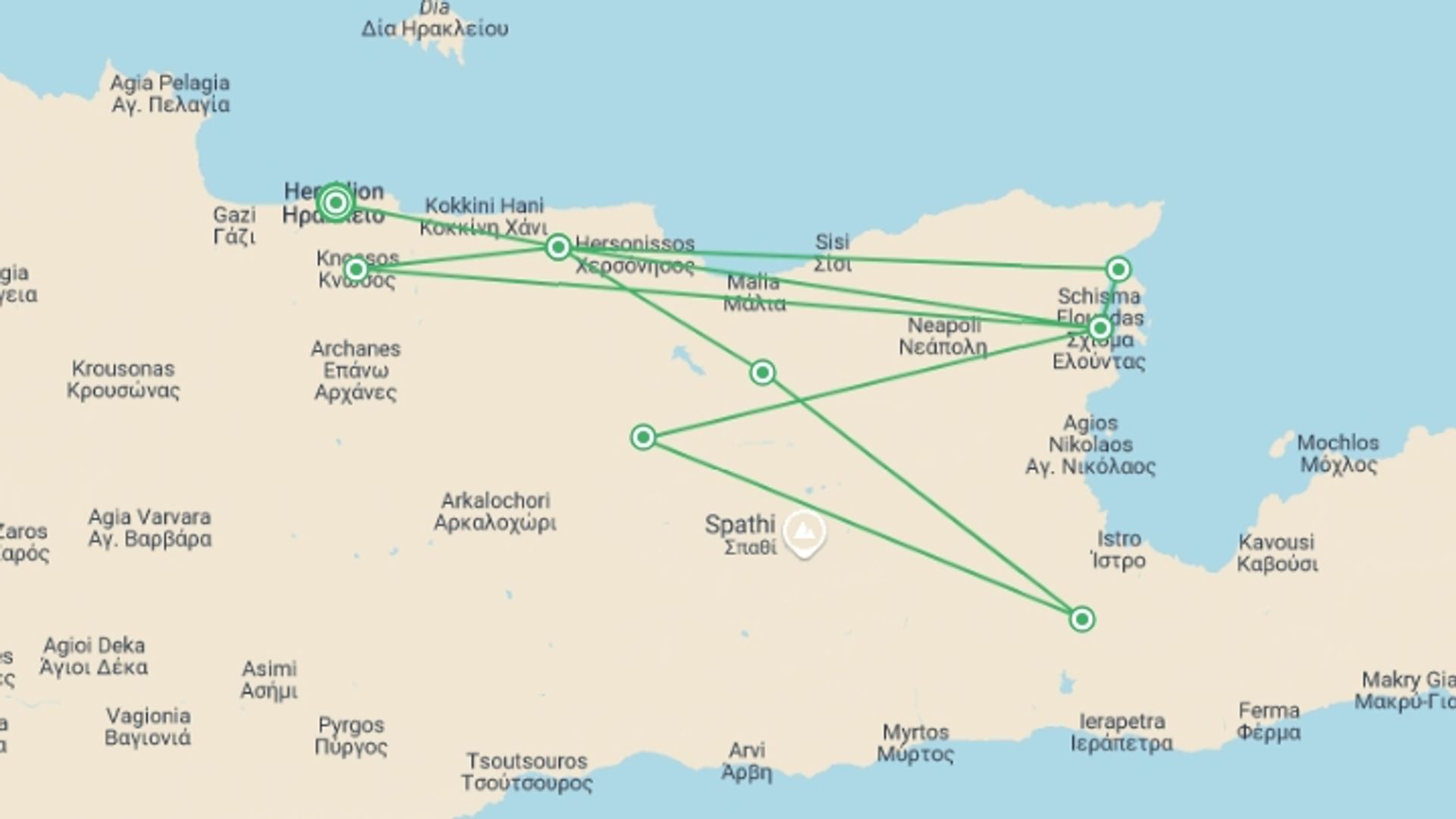 A map showing the tour itinerary for the trip: The Labyrinth Of Crete, starting in Heraklion, Greece and ending in Heraklion, Greece going through 2 other destinations.
