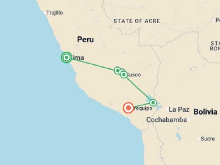 Map itinerary of South America Tour in December 2026 with 7 destination visits for the trip: Luxury Peru & Andean Explorer - 12 days