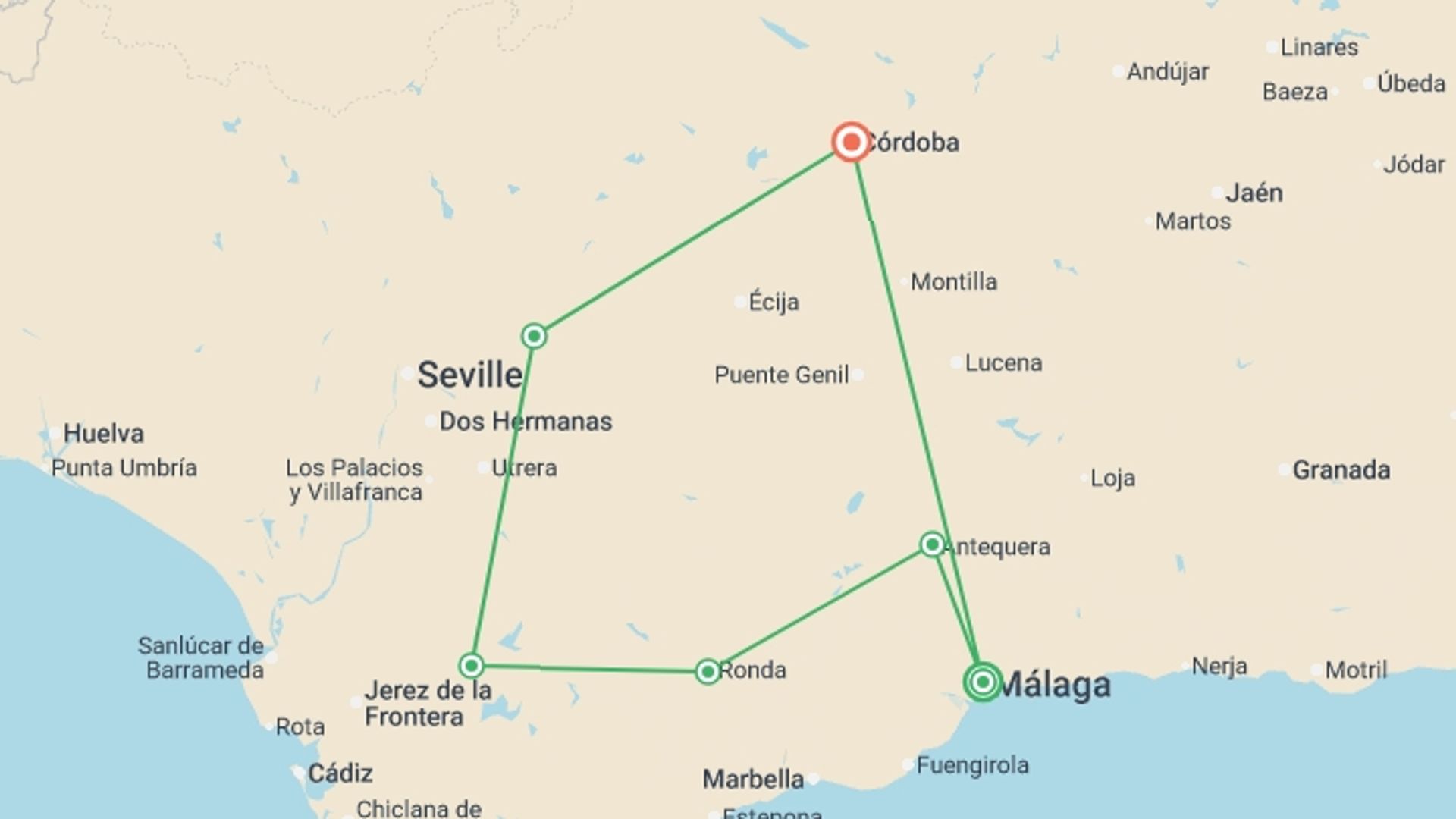 A map showing the tour itinerary for the trip: Enchanting Southern Spain Self-Drive, starting in Malaga, Spain and ending in Cordoba, Spain going through 4 other destinations.