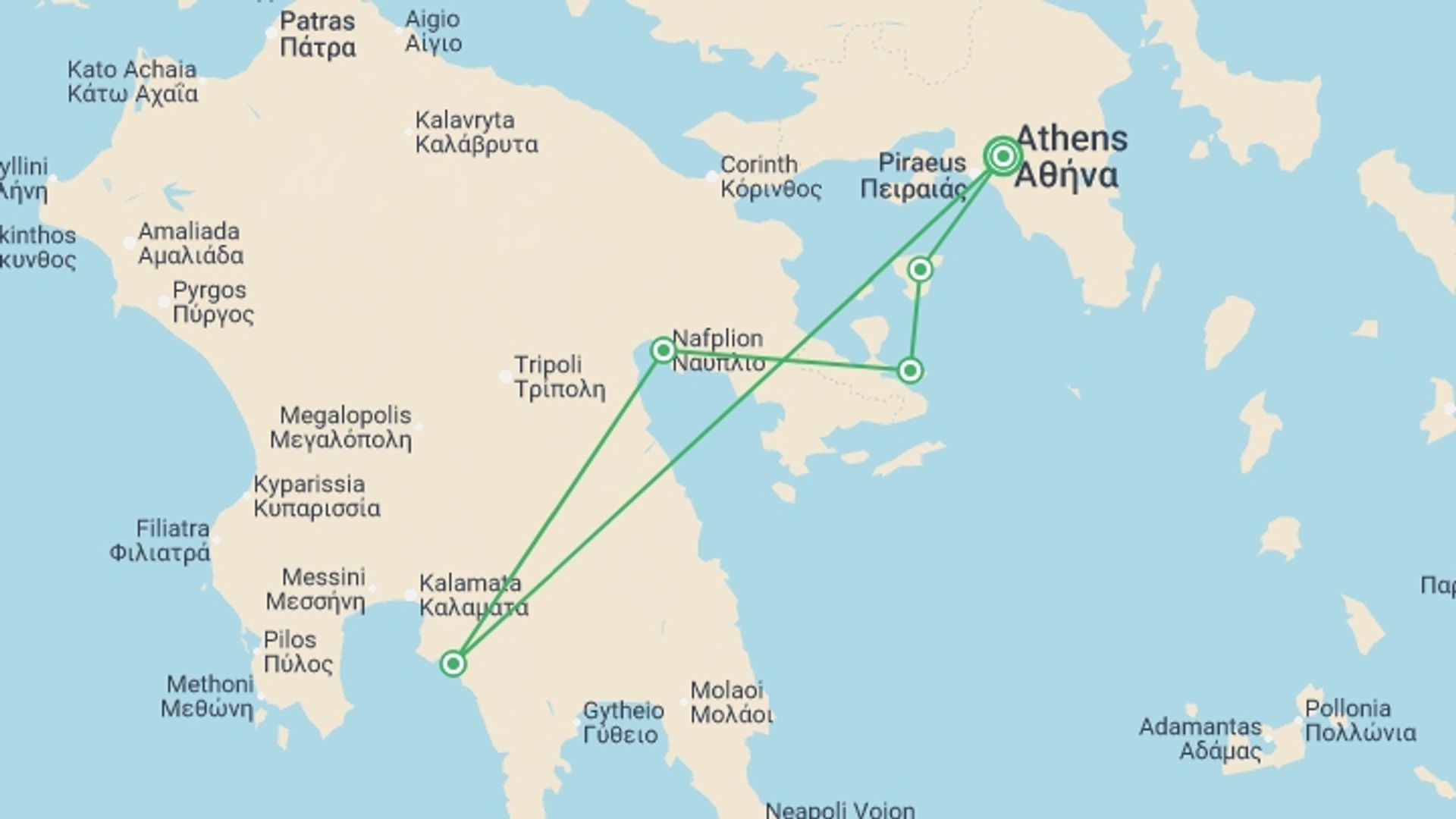 A map showing the tour itinerary for the trip: Greece Real Food Adventure, starting in Athens, Greece and ending in Athens, Greece going through 4 other destinations.