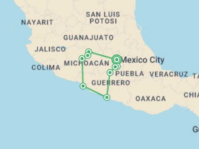 Map of Mexico City Explorer Tour with 5 destination visits for the trip: Mexico: Between Beaches and Magic Villages