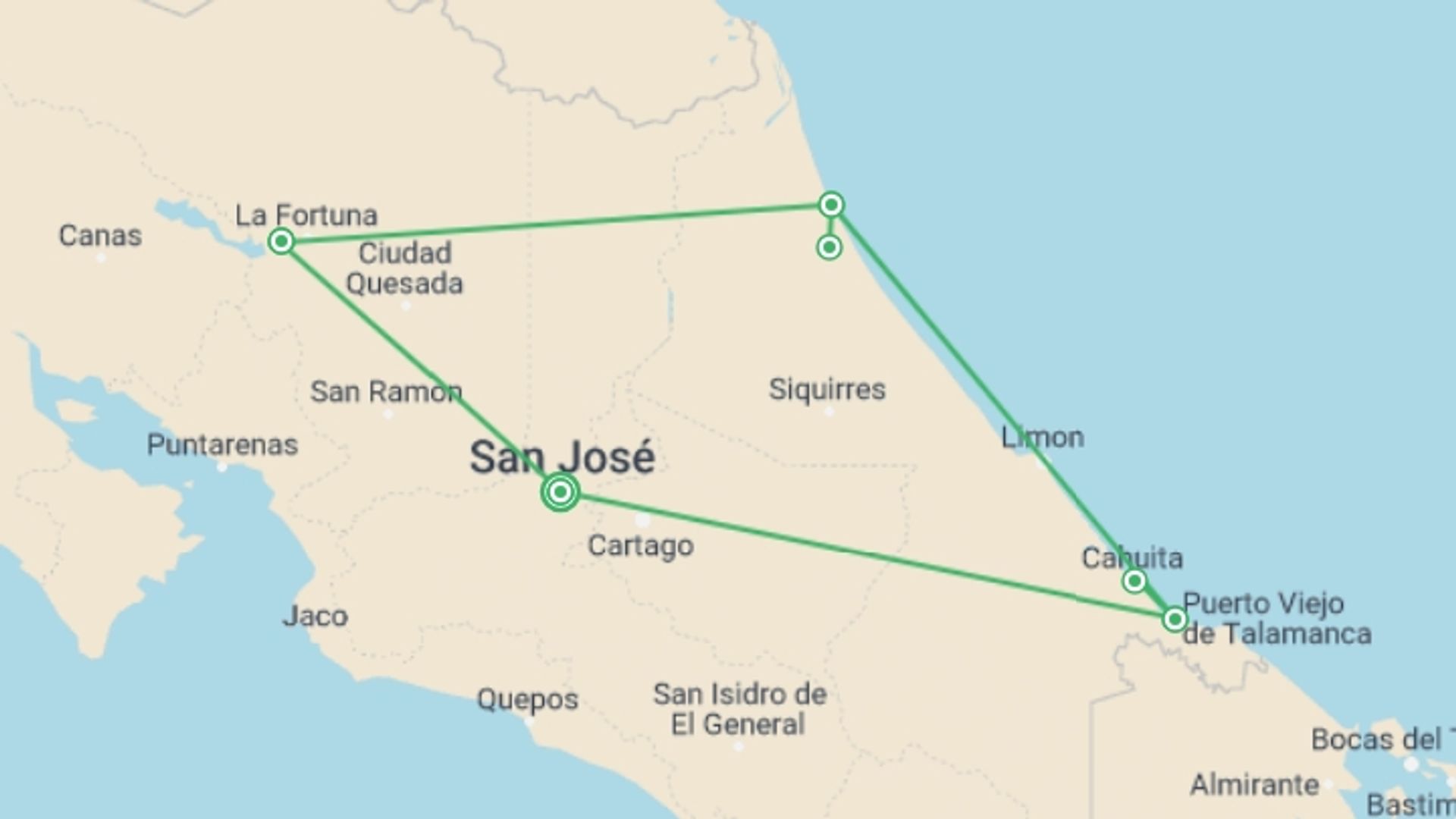 A map showing the tour itinerary for the trip: Volcanoes, Nature And Caribbean, Self-drive, starting in San Jose, Costa Rica and ending in San Jose, Costa Rica going through 7 other destinations.