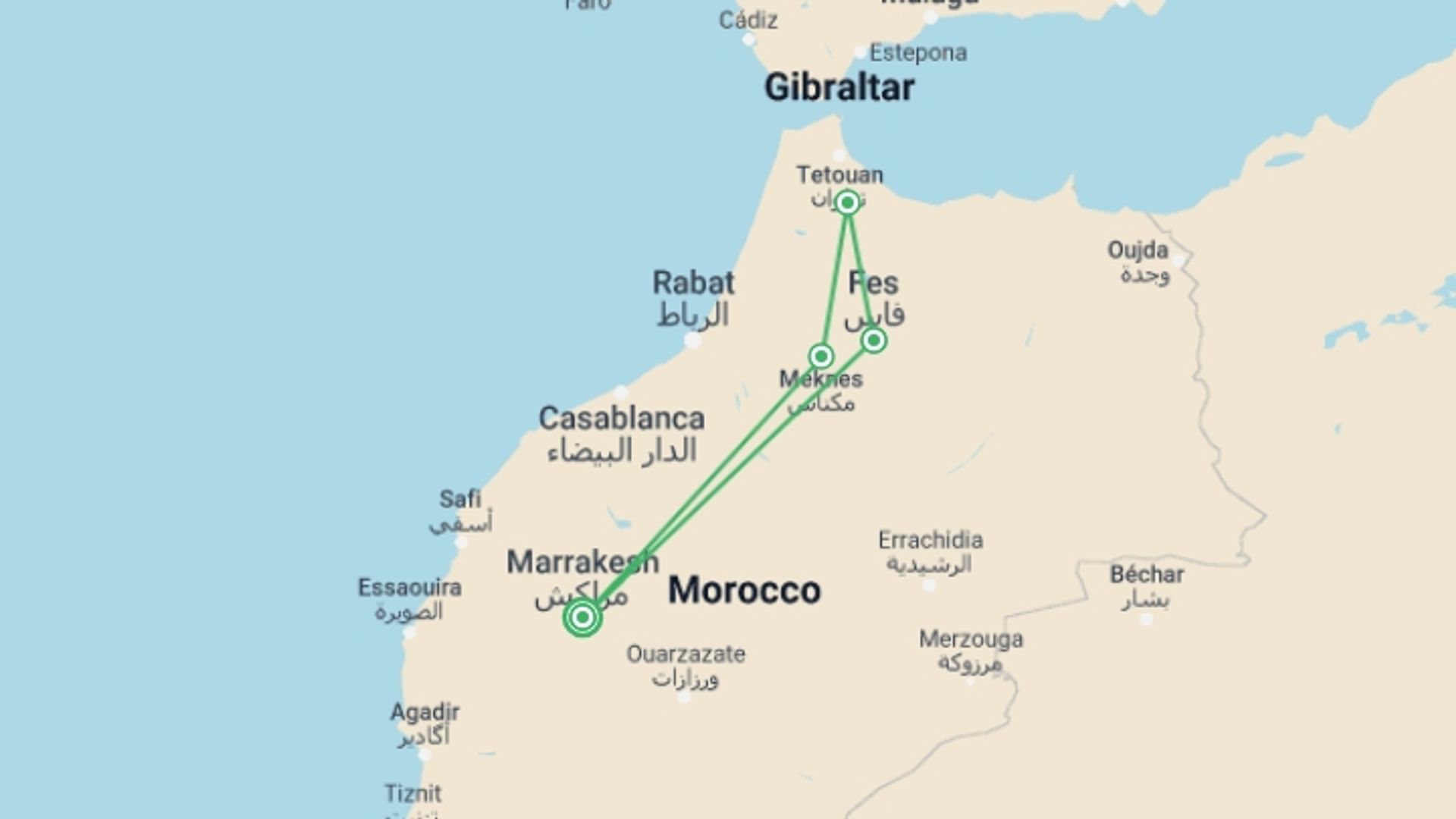 A map showing the tour itinerary for the trip: Chefchaouen And North, Private Tour, starting in Marrakech, Morocco and ending in Marrakech, Morocco going through 3 other destinations.