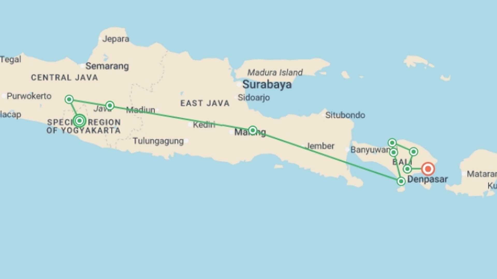 A map showing the tour itinerary for the trip: Indonesia: Yogyakarta to Bali, starting in Yogyakarta, Indonesia and ending in Candidasa, Indonesia going through 9 other destinations.