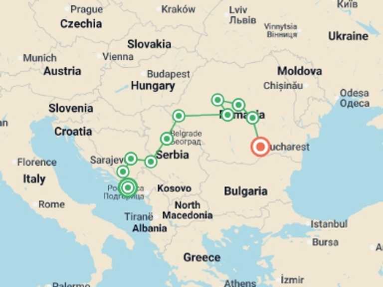 Map itinerary of Sarajevo Tour in May 2027 with 11 destination visits for the trip: Premium Dubrovnik to Bucharest