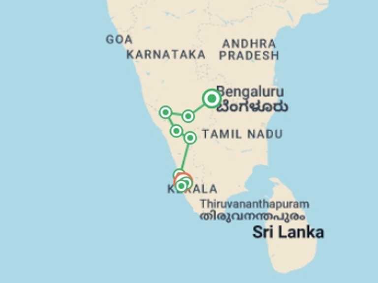 Map itinerary of Asia Tour in September 2026 with 9 destination visits for the trip: Discover South India - Premium Adventure