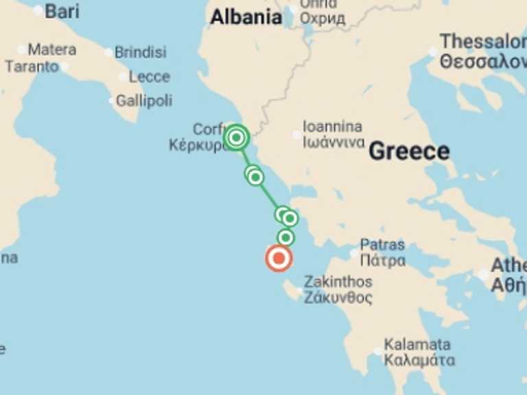 Map itinerary of Balkans Tour in Summer with 5 destination visits for the trip: Greece Sailing Adventure: Corfu to Kefalonia