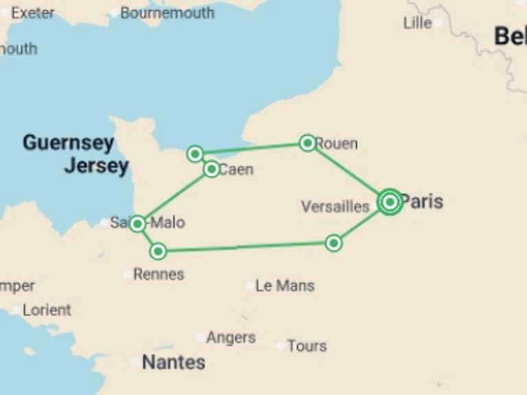 Map itinerary of Europe Tour in May 2026 with 2 destination visits for the trip: Brittany and Normandy with Paris