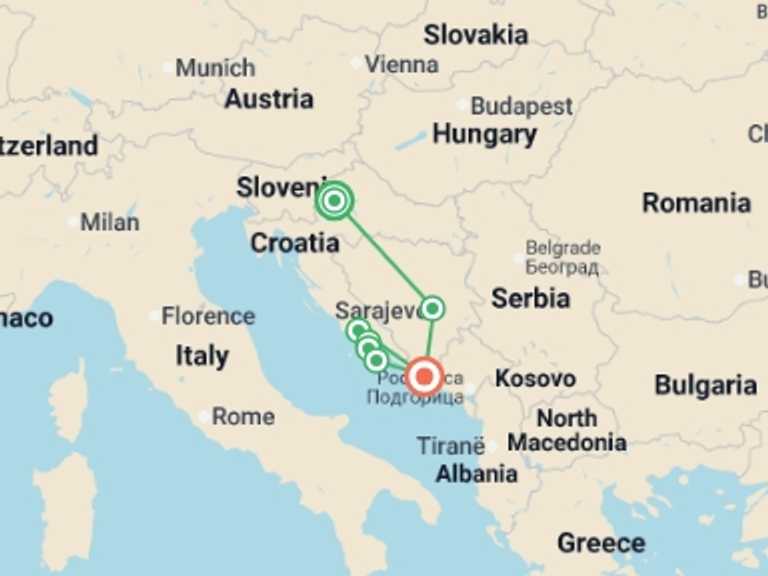Map itinerary of Europe Tour in July 2026 with 7 destination visits for the trip: Croatia and the Islands of the Dalmatian Coast