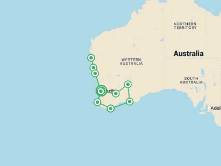 Map itinerary of Perth Tour in May 2026 with 10 destination visits for the trip: Western Wonderland