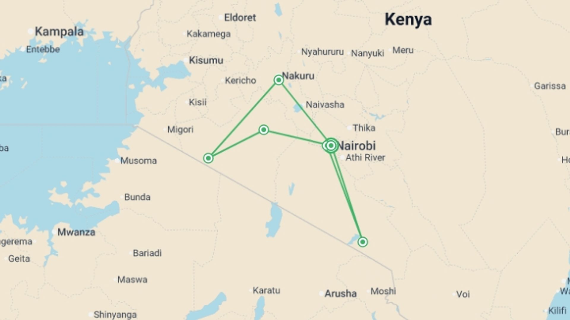 A map showing the tour itinerary for the trip: Kenya Safari Adventure, starting in Nairobi, Kenya and ending in Nairobi, Kenya going through 5 other destinations.