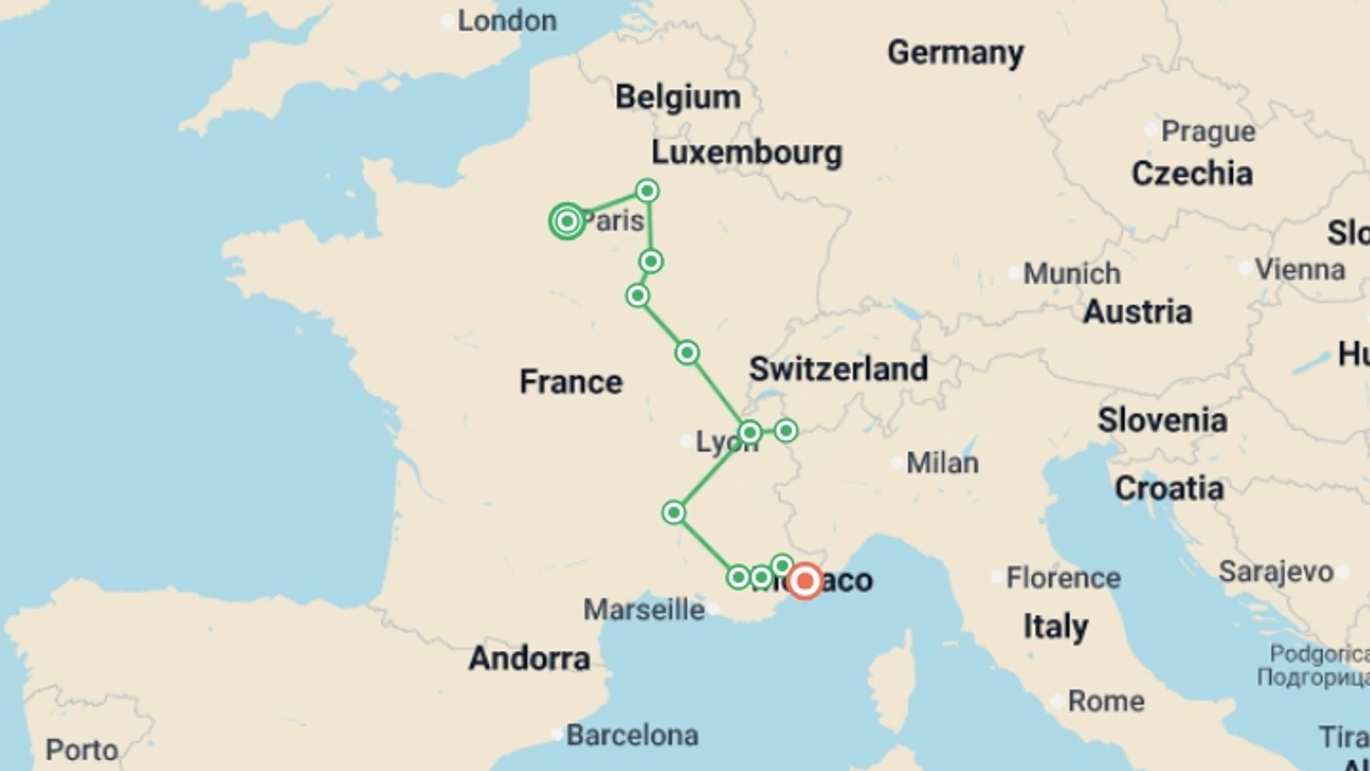 A map showing the tour itinerary for the trip: Paris to Nice through Vineyards and Mountains, starting in Paris, France and ending in Nice, France going through 5 other destinations.