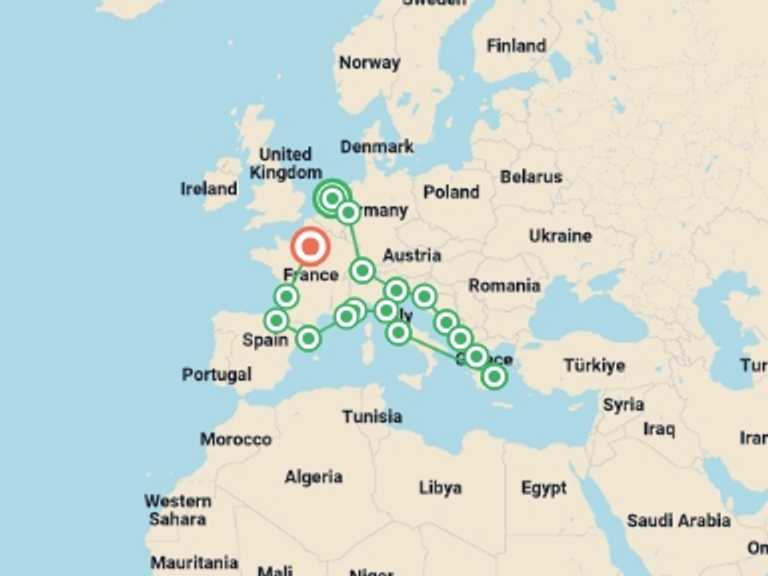 Map of Europe Tour with 18 destination visits for the trip: European Discoverer
