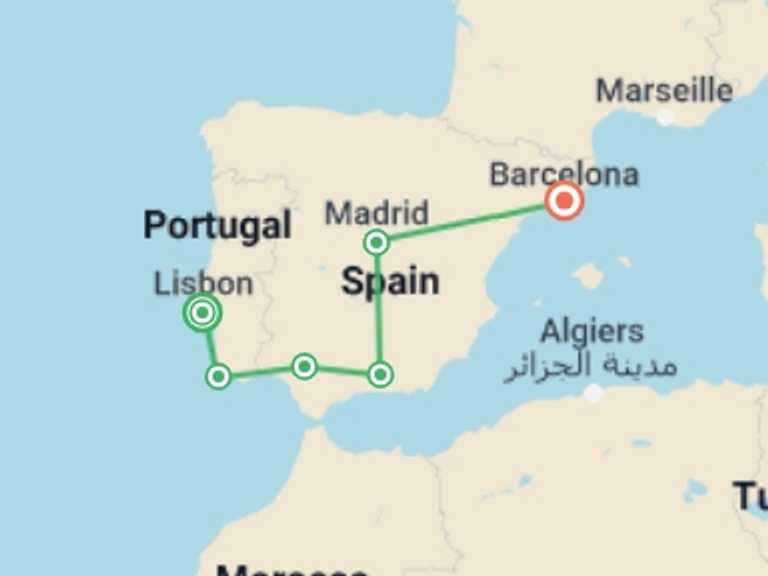 Map itinerary of Lisbon Tour in September 2027 with 6 destination visits for the trip: Essential Spain and Portugal