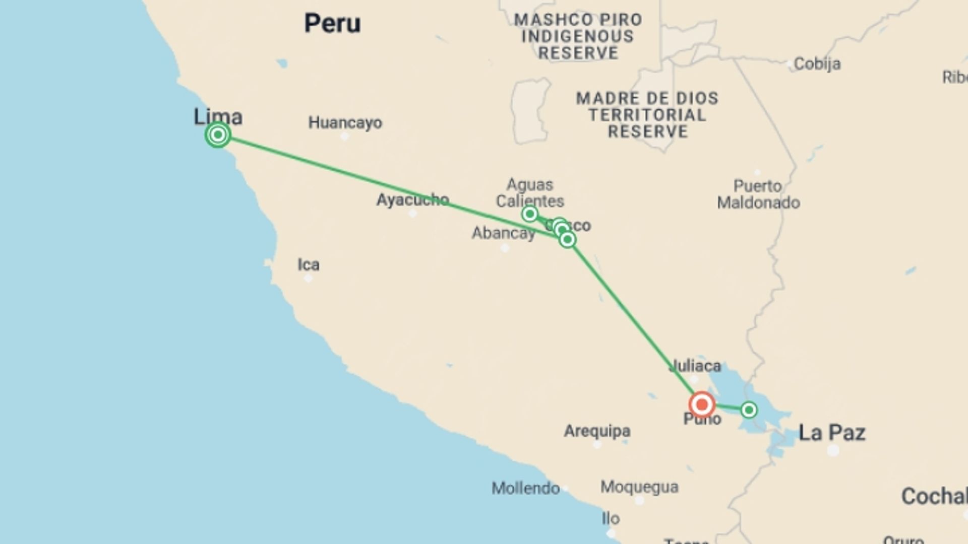 A map showing the tour itinerary for the trip: Andean World, starting in Lima, Peru and ending in Puno, Peru going through 3 other destinations.