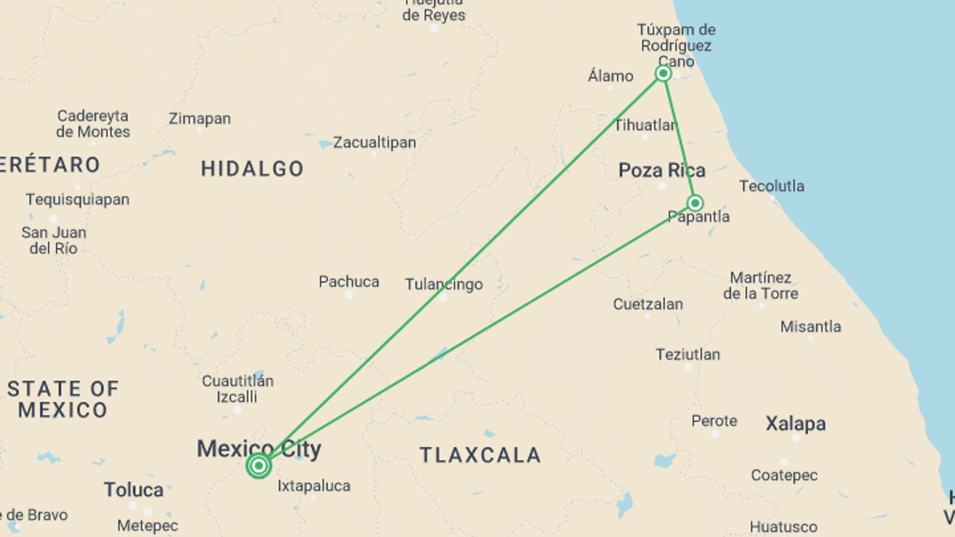 A map showing the tour itinerary for the trip: Veracruz Attractions: Visit Ancient Ruins, Sea And Papantla Flyers (4 Days), starting in Mexico City, Mexico and ending in Mexico City, Mexico going through 2 other destinations.