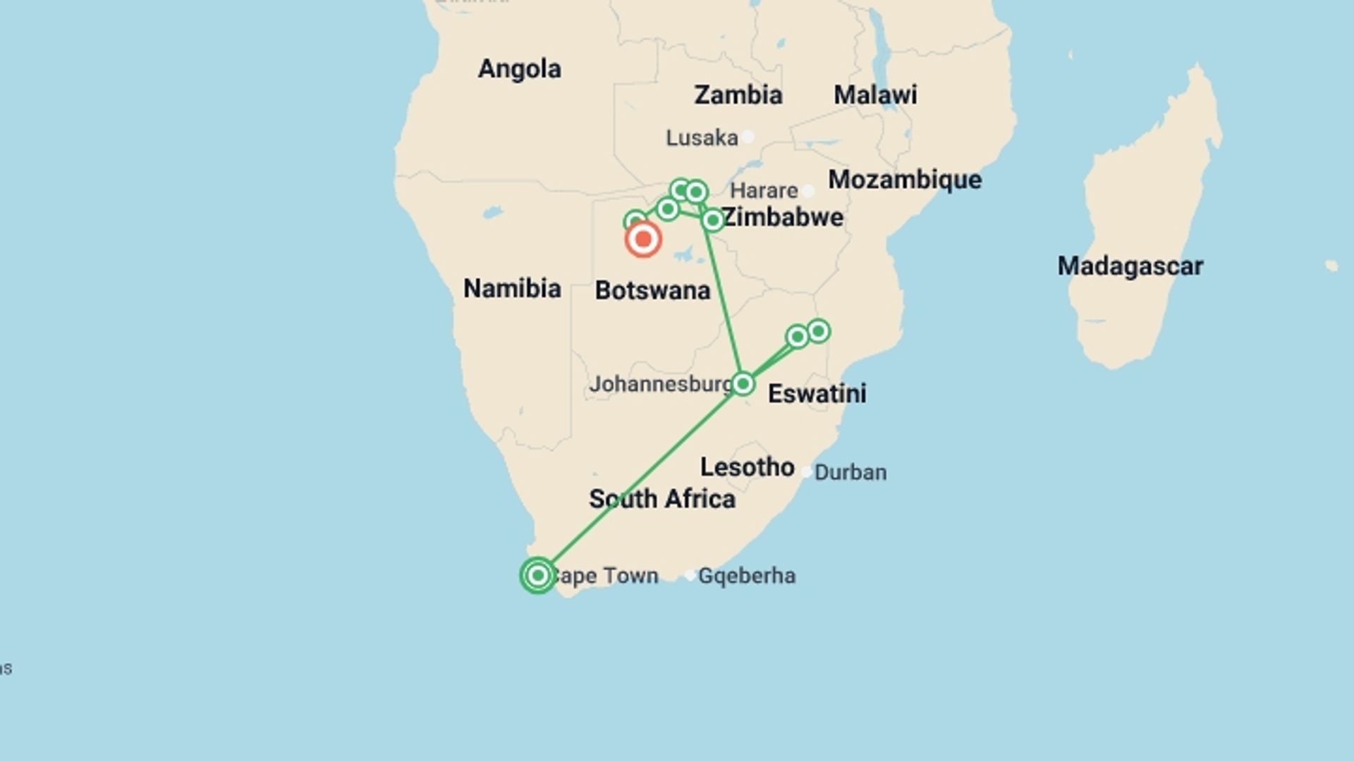 A map showing the tour itinerary for the trip: Journeys: The Great Southern Africa Safari, starting in Cape Town, South Africa and ending in Maun, Botswana going through 7 other destinations.