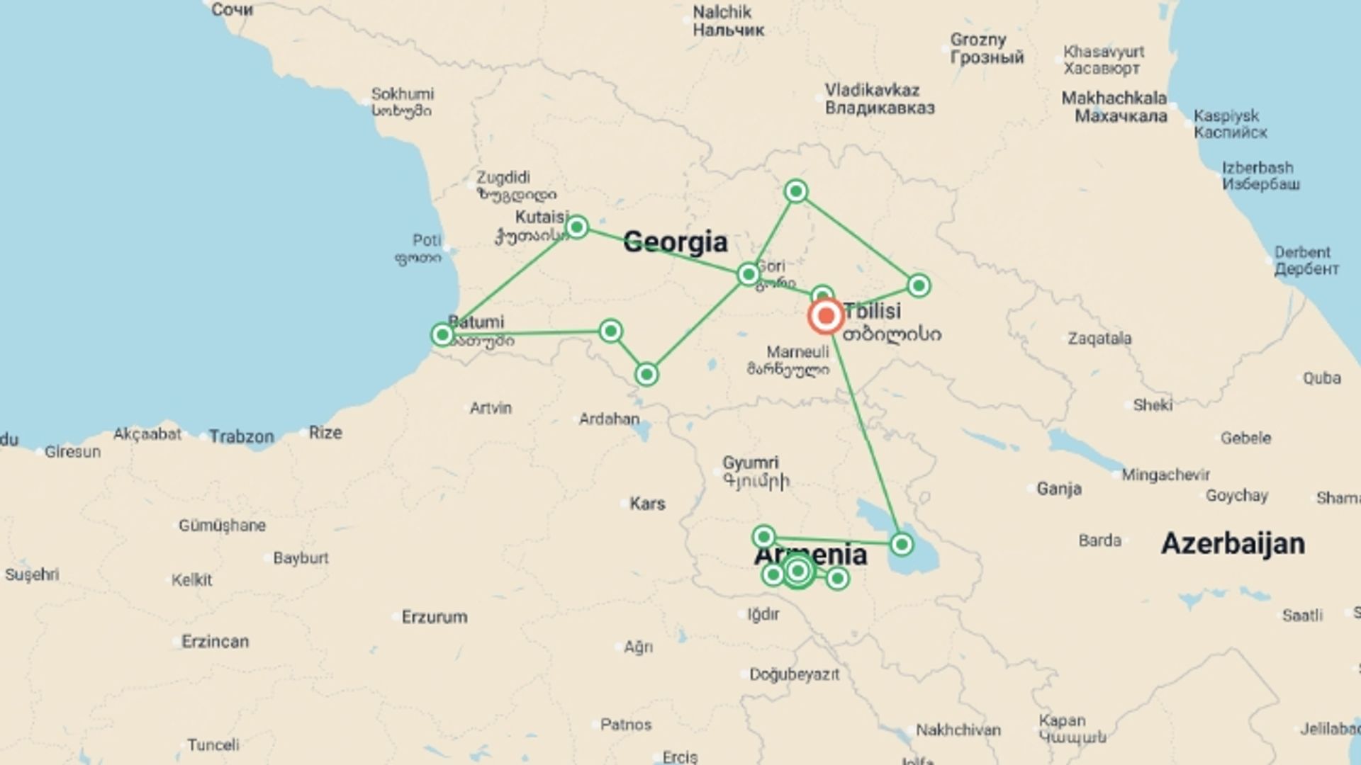 A map showing the tour itinerary for the trip: The Best of Georgia and Armenia, starting in Yerevan, Armenia and ending in Tbilisi, Georgia going through 11 other destinations.