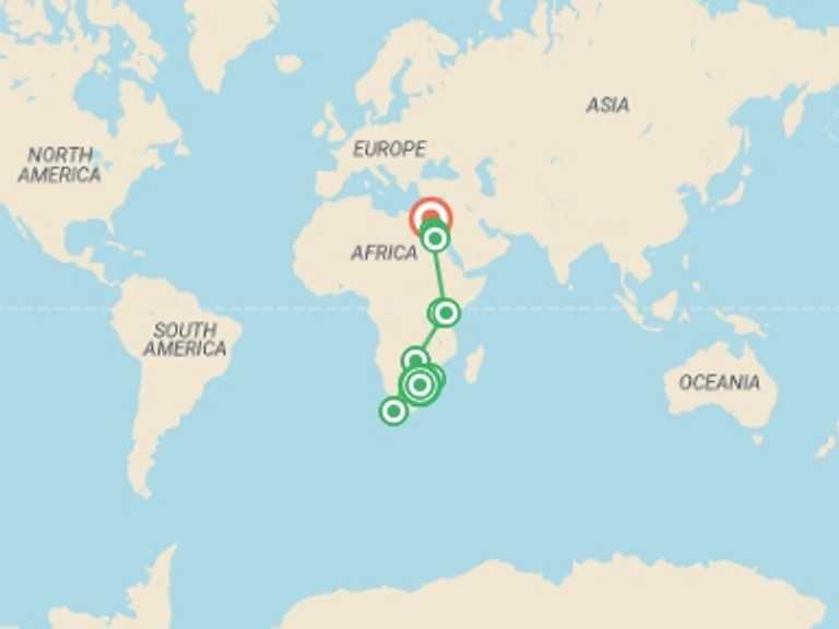 Map itinerary of Kom Ombo Tour in October 2026 with 11 destination visits for the trip: Cape Town to Cairo