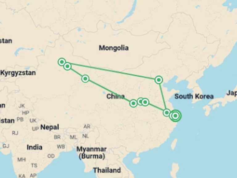 Map itinerary of China Tour in January 2027 with 8 destination visits for the trip: Discover China and the Silk Road