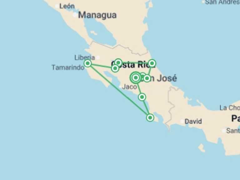 Map of South America National parks Tour with 9 destination visits for the trip: Upgraded - Costa Rica Wildlife