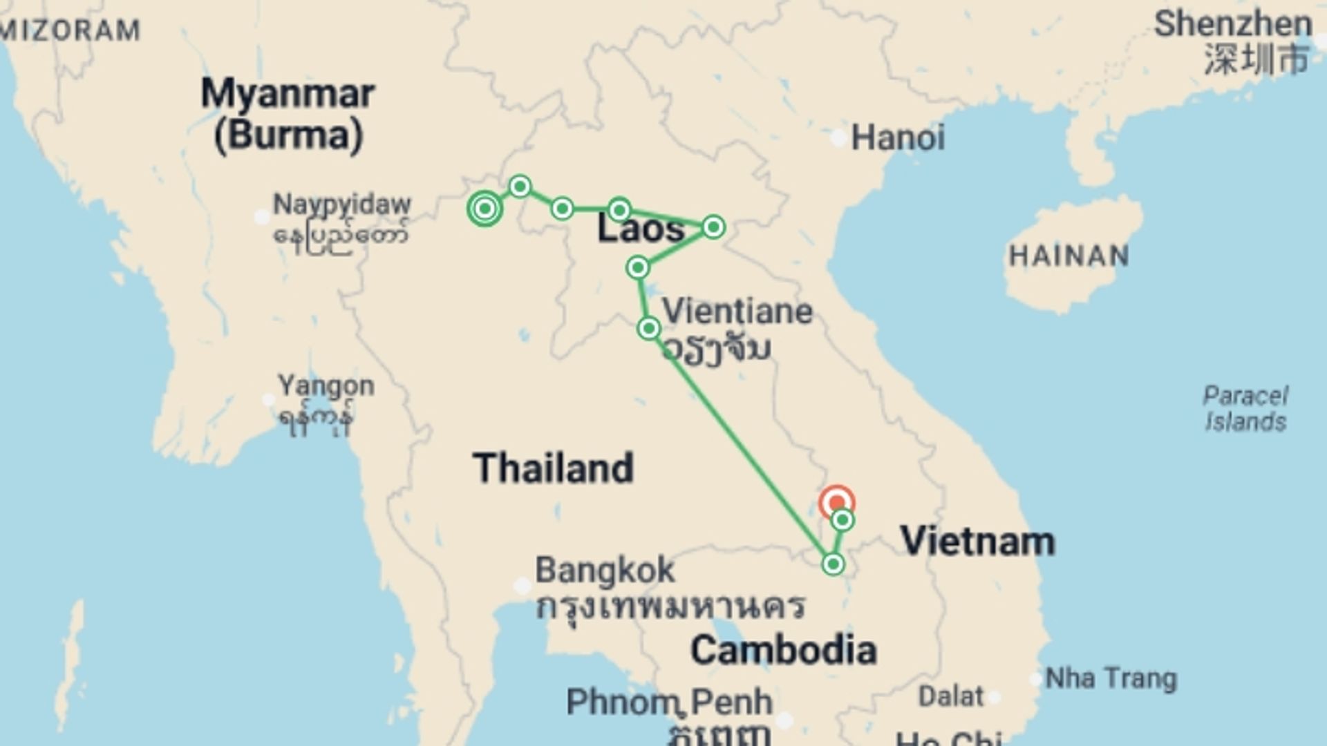 A map showing the tour itinerary for the trip: Thailand and Laos Discovery Tour, starting in Chiang Rai, Thailand and ending in Pakse, Laos going through 8 other destinations.