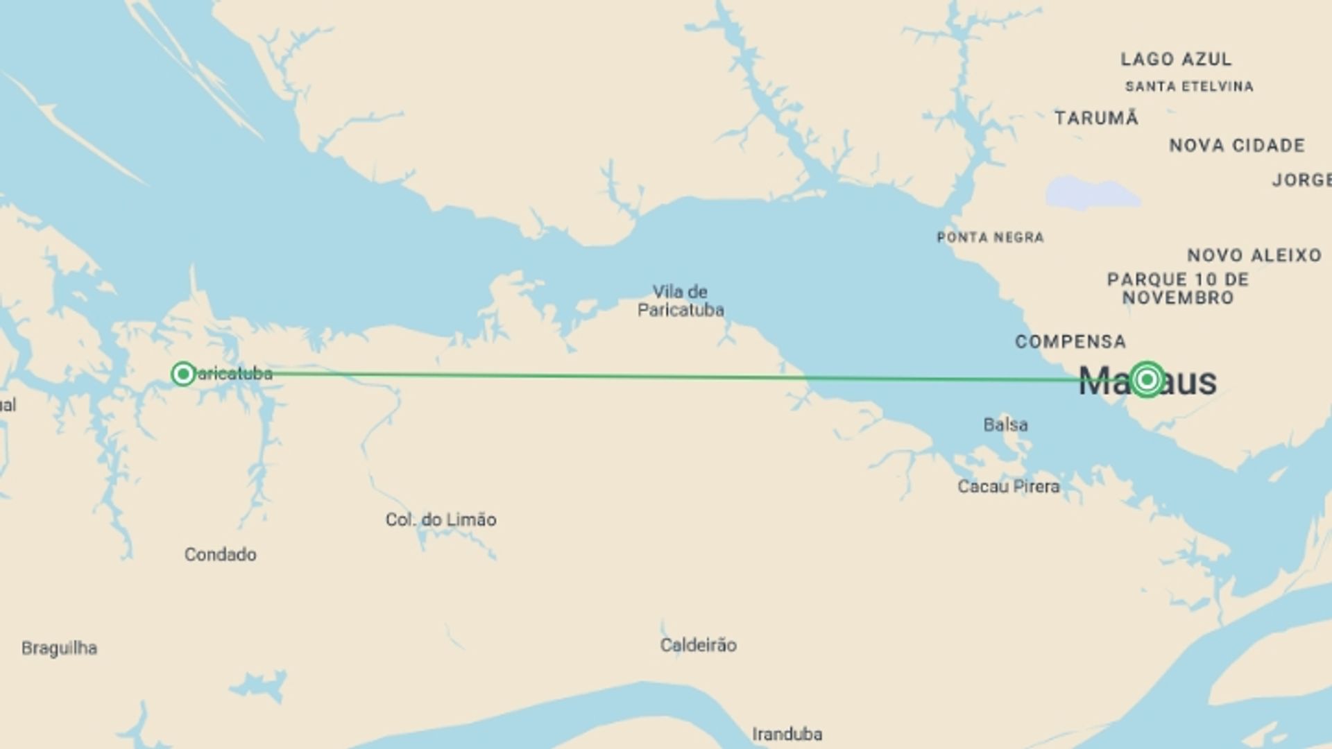A map showing the tour itinerary for the trip: 2 Nights Package in Amazon Jungle with Fan, starting in Manaus, Brazil and ending in Manaus, Brazil going through 1 other destinations.