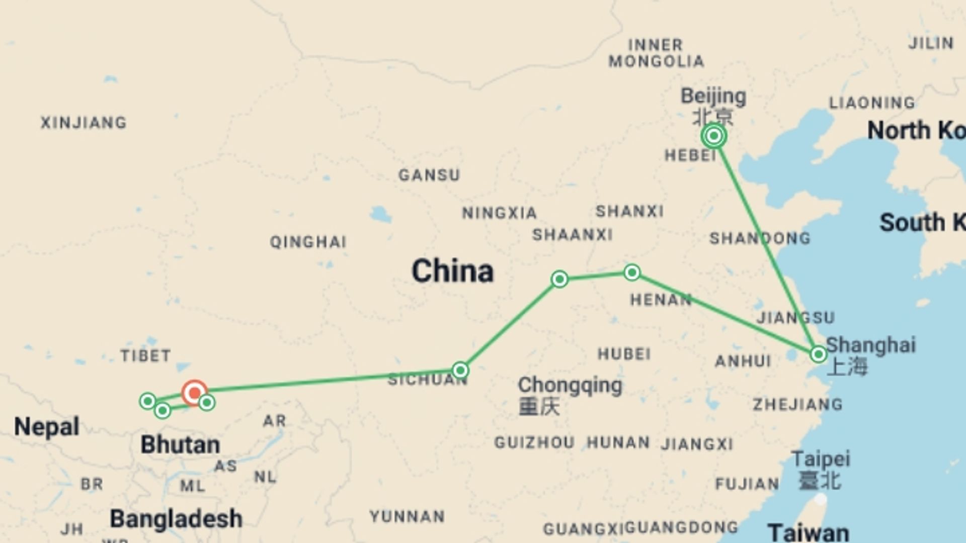 A map showing the tour itinerary for the trip: Traditional China & Mysteries of Tibet, starting in Beijing, China and ending in Lhasa, China going through 7 other destinations.