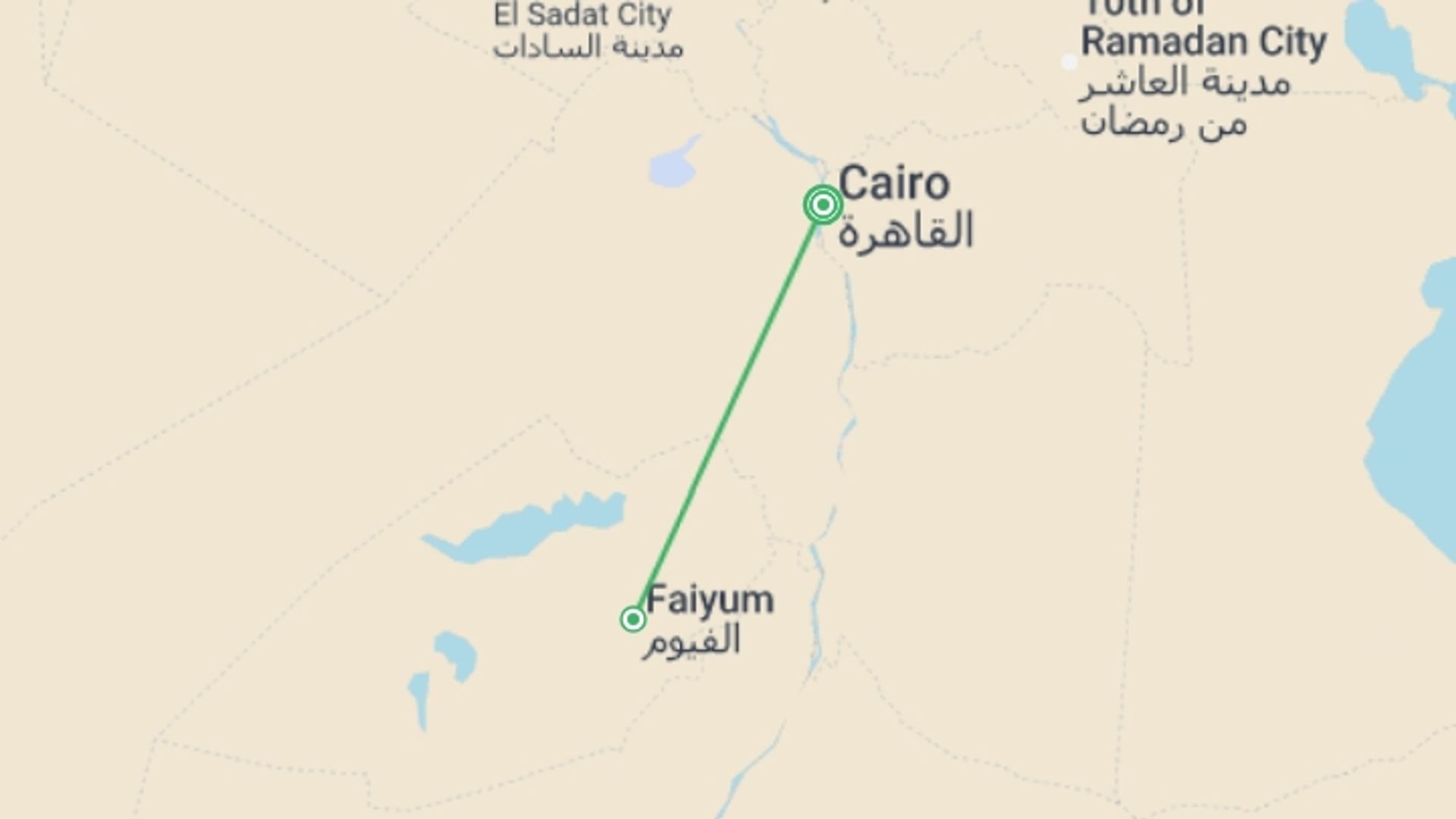 A map showing the tour itinerary for the trip: Biblical Cairo Express (4 Star) - 5 days, starting in Cairo, Egypt and ending in Cairo, Egypt going through 1 other destinations.