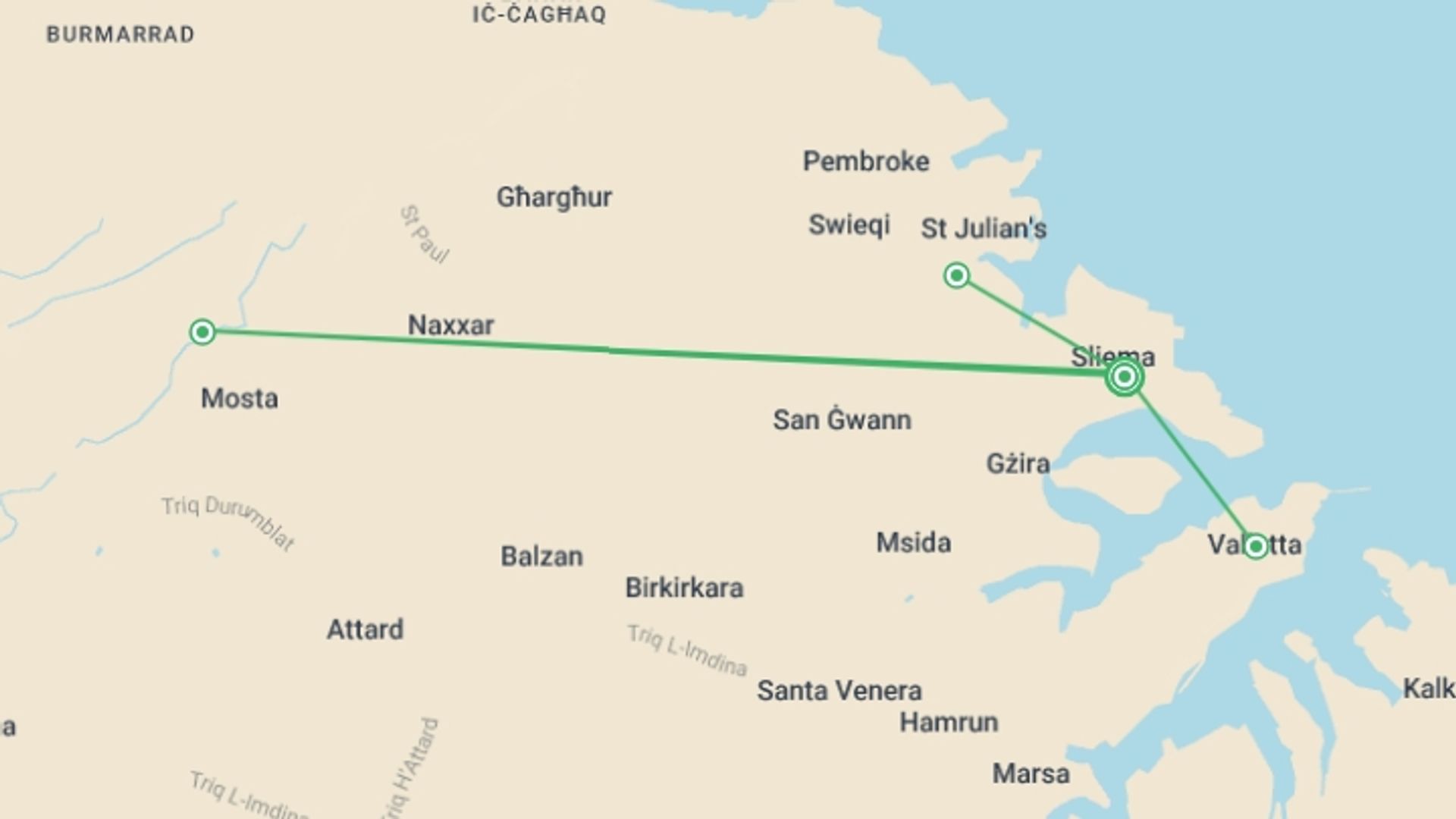 A map showing the tour itinerary for the trip: Explore Malta 5 Days, Self-drive, starting in Sliema, Malta and ending in Sliema, Malta going through 1 other destinations.