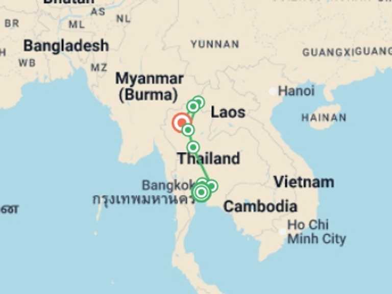 Map of a City sightseeing Tour with 8 destination visits for the trip: Thailand, Temples & Tribes - 10 days