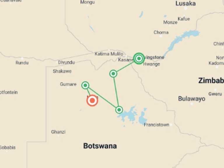 Map of Victoria Falls Waterfalls Tour with 5 destination visits for the trip: Victoria Falls and Botswana