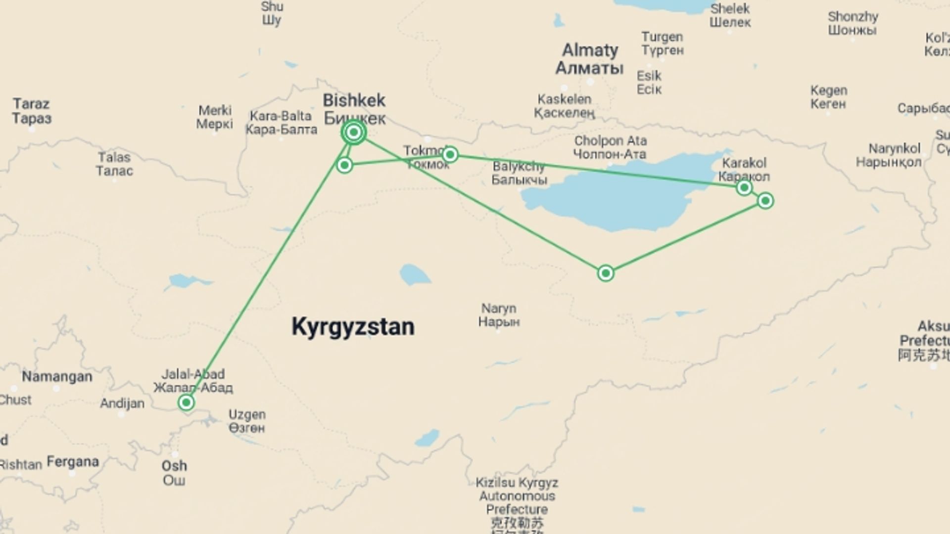 A map showing the tour itinerary for the trip: Walking in Kyrgyzstan, starting in Bishkek, Kyrgyzstan and ending in Bishkek, Kyrgyzstan going through 7 other destinations.