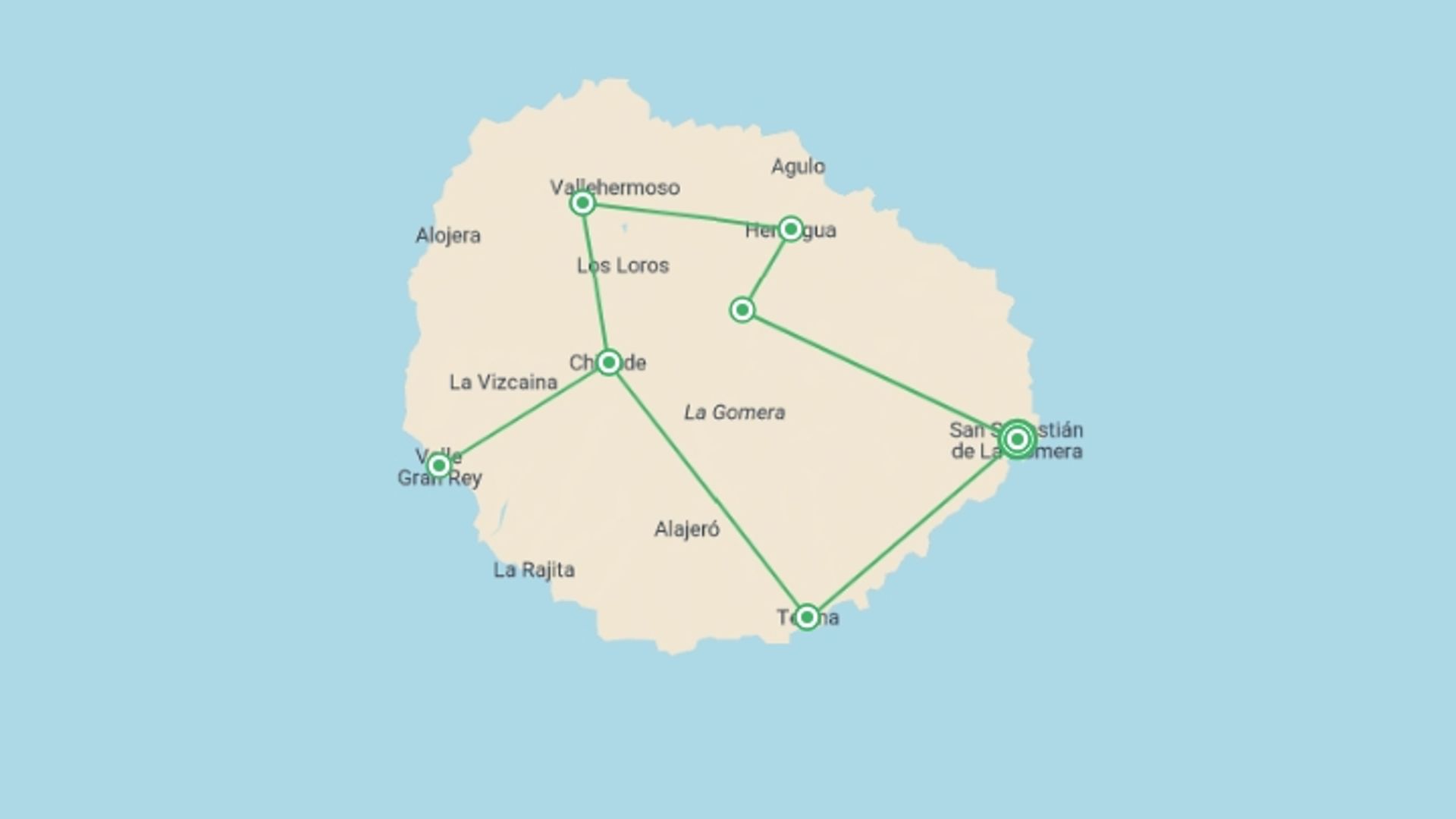 A map showing the tour itinerary for the trip: Exploring La Gomera - 11 Days, starting in San Sebastián de La Gomera, Spain and ending in San Sebastián de La Gomera, Spain going through 7 other destinations.