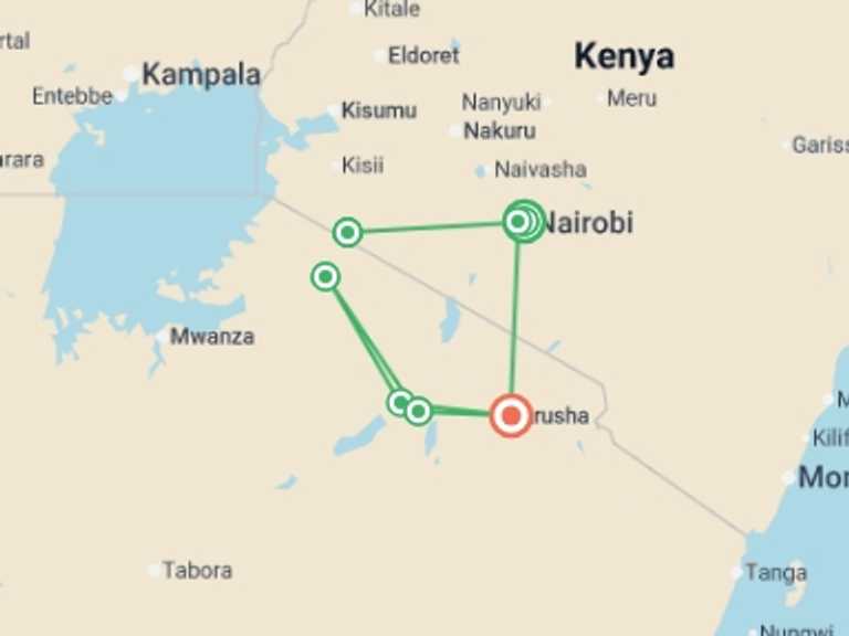 Map of 15-Day Africa Tour with 7 destination visits for the trip: East Africa: Safari Drives, Maasai Culture & the Great Migration