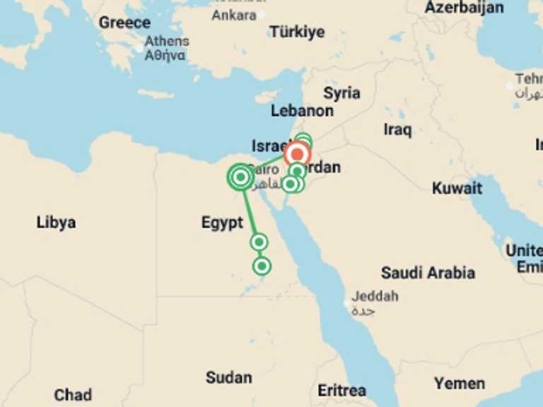 Map itinerary of Petra Tour in December 2025 with 9 destination visits for the trip: Egypt and Jordan Family Holiday