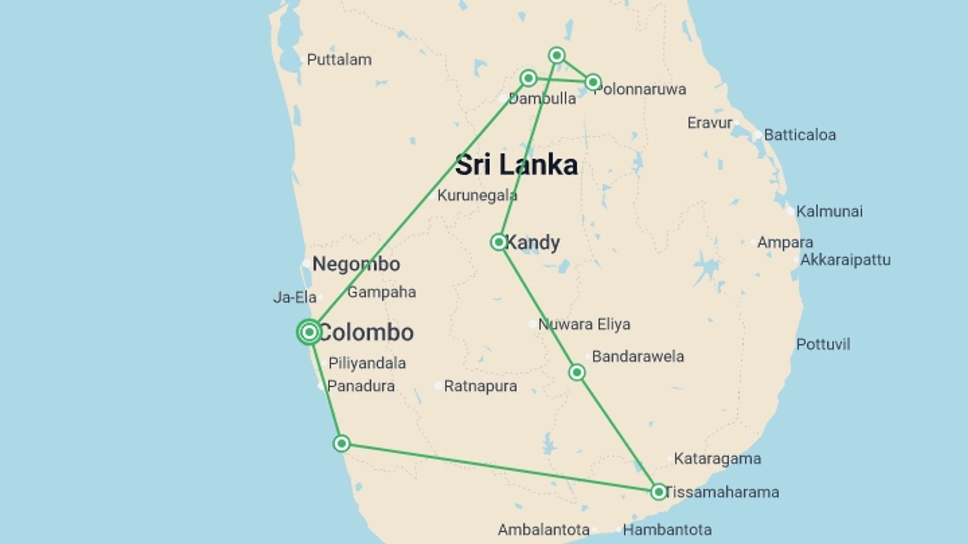 A map showing the tour itinerary for the trip: Wild Sri Lanka & Beach for Families - 13 days, starting in Colombo, Sri Lanka and ending in Colombo, Sri Lanka going through 6 other destinations.