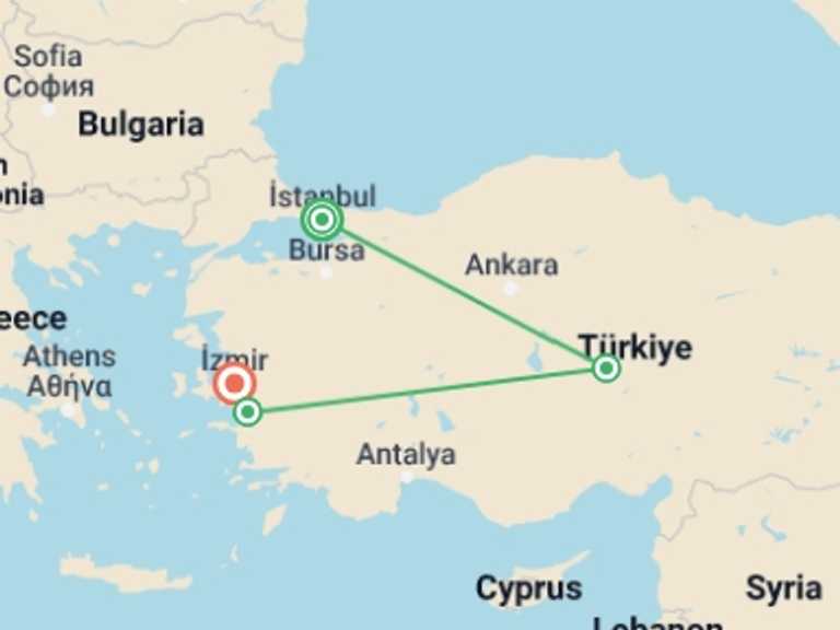 Map of Cappadocia Explorer Tour with 4 destination visits for the trip: Turkey: Istanbul, Ephesus & Cappadocia