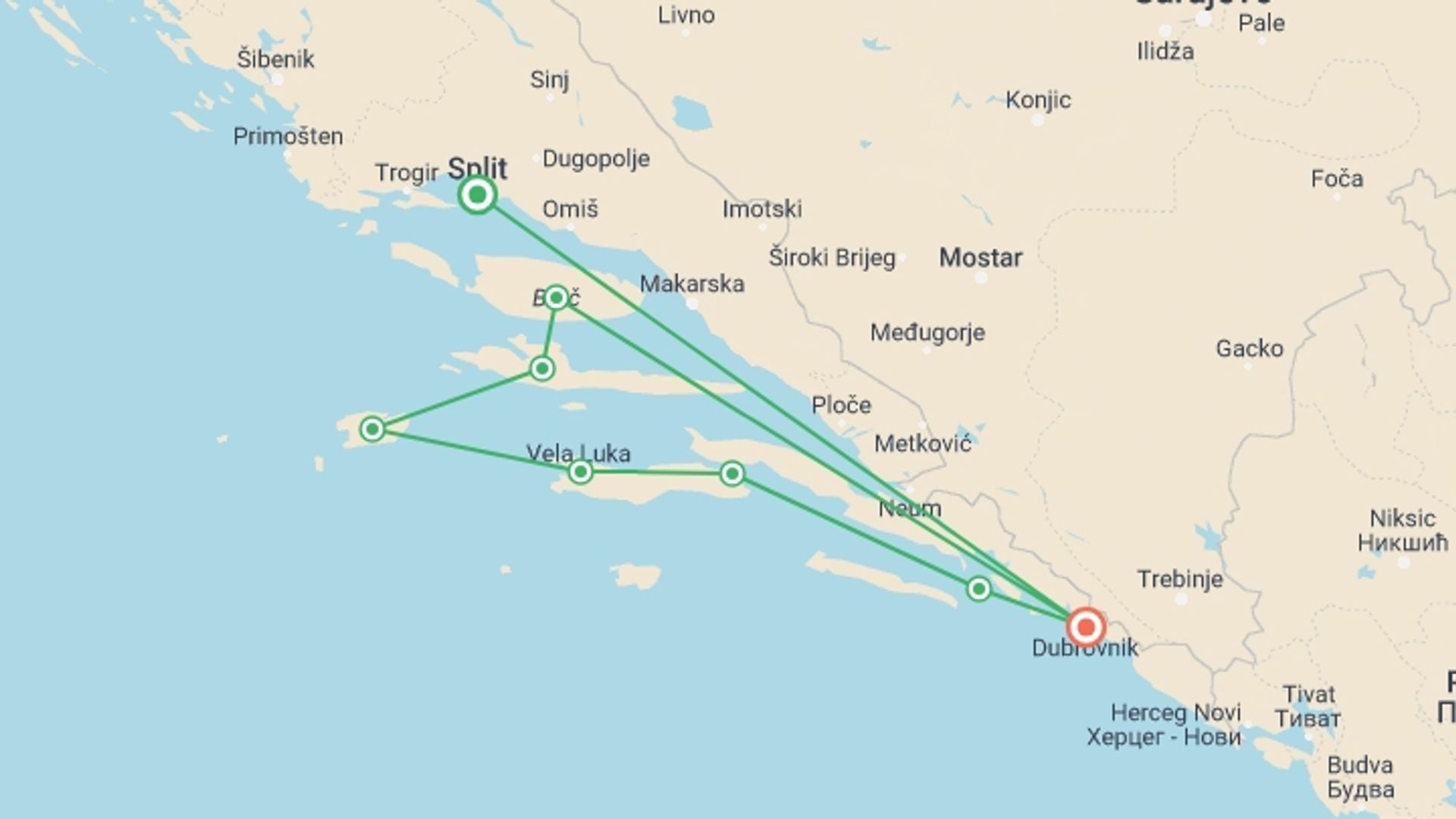 A map showing the tour itinerary for the trip: Dubrovnik & the Dalmatian Coast - Deluxe, starting in Split, Croatia and ending in Dubrovnik, Croatia going through 3 other destinations.