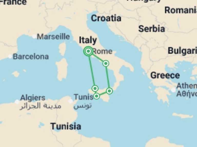 Map itinerary of Europe Tour in June 2026 with 5 destination visits for the trip: Sicily and Southern Italy with Rome