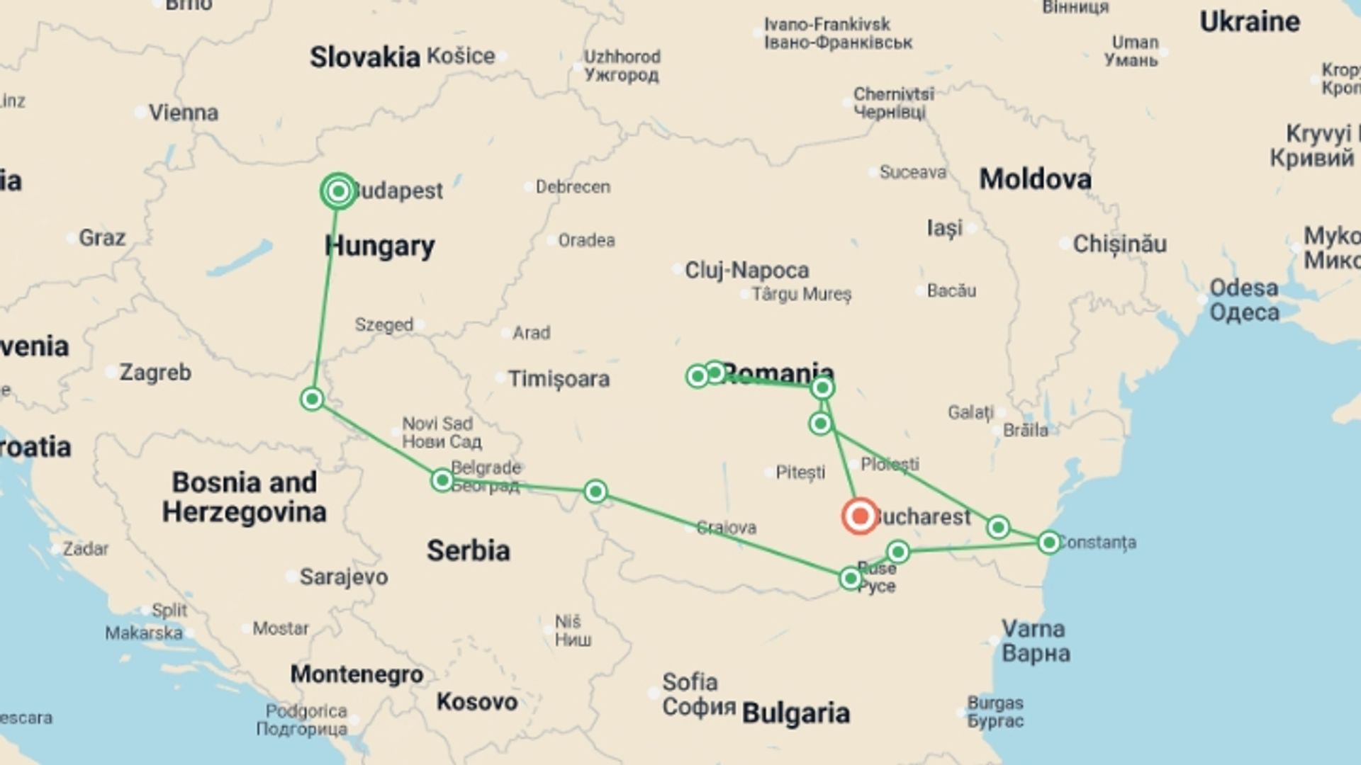 A map showing the tour itinerary for the trip: Along the river Danube, Budapest and the Balkan peninsula (port-to-port cruise), starting in Budapest, Hungary and ending in Bucharest, Romania going through 8 other destinations.