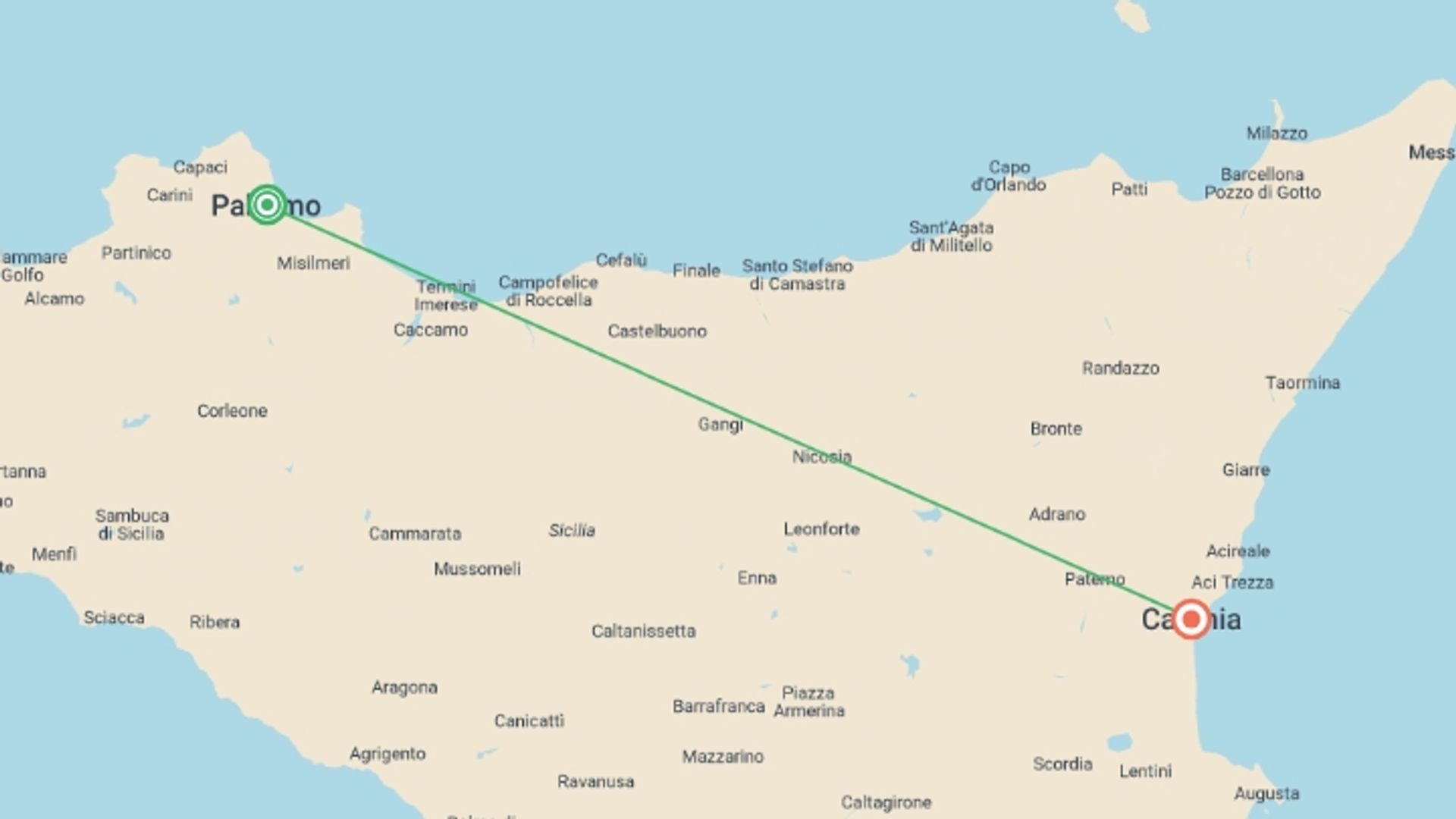 A map showing the tour itinerary for the trip: Mini Tour Of Sicily, Self-drive, starting in Palermo, Italy and ending in Catania, Italy going through 0 other destinations.