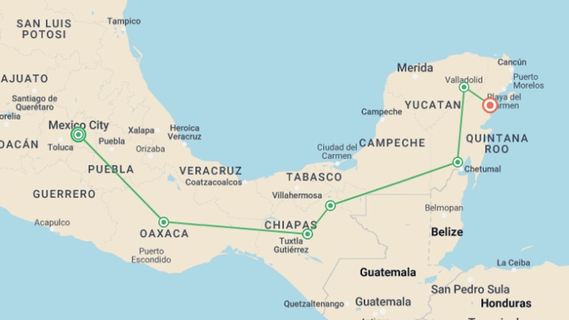 A map showing the tour itinerary for the trip: Viva Mexico: Ancient Ruins & the Mayan Riviera, starting in Mexico City, Mexico and ending in Tulum, Mexico going through 5 other destinations.