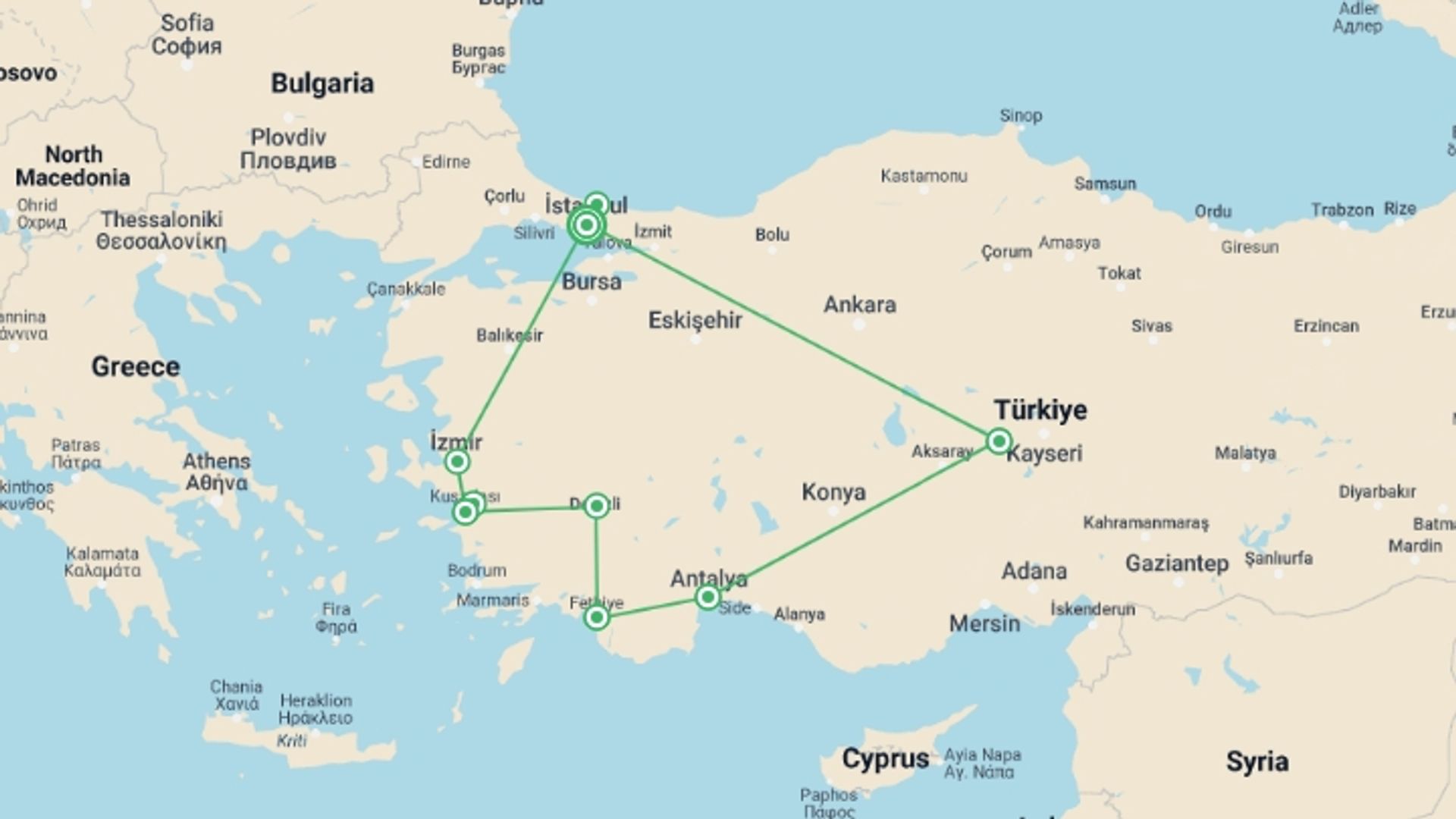 A map showing the tour itinerary for the trip: Highlights of Turkey (Twelve Days), starting in Istanbul, Turkey and ending in Istanbul, Turkey going through 6 other destinations.