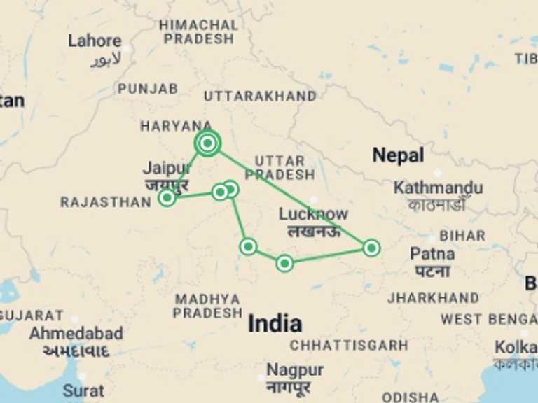 Map of 9-Day New Delhi Tour with 6 destination visits for the trip: Classical North India