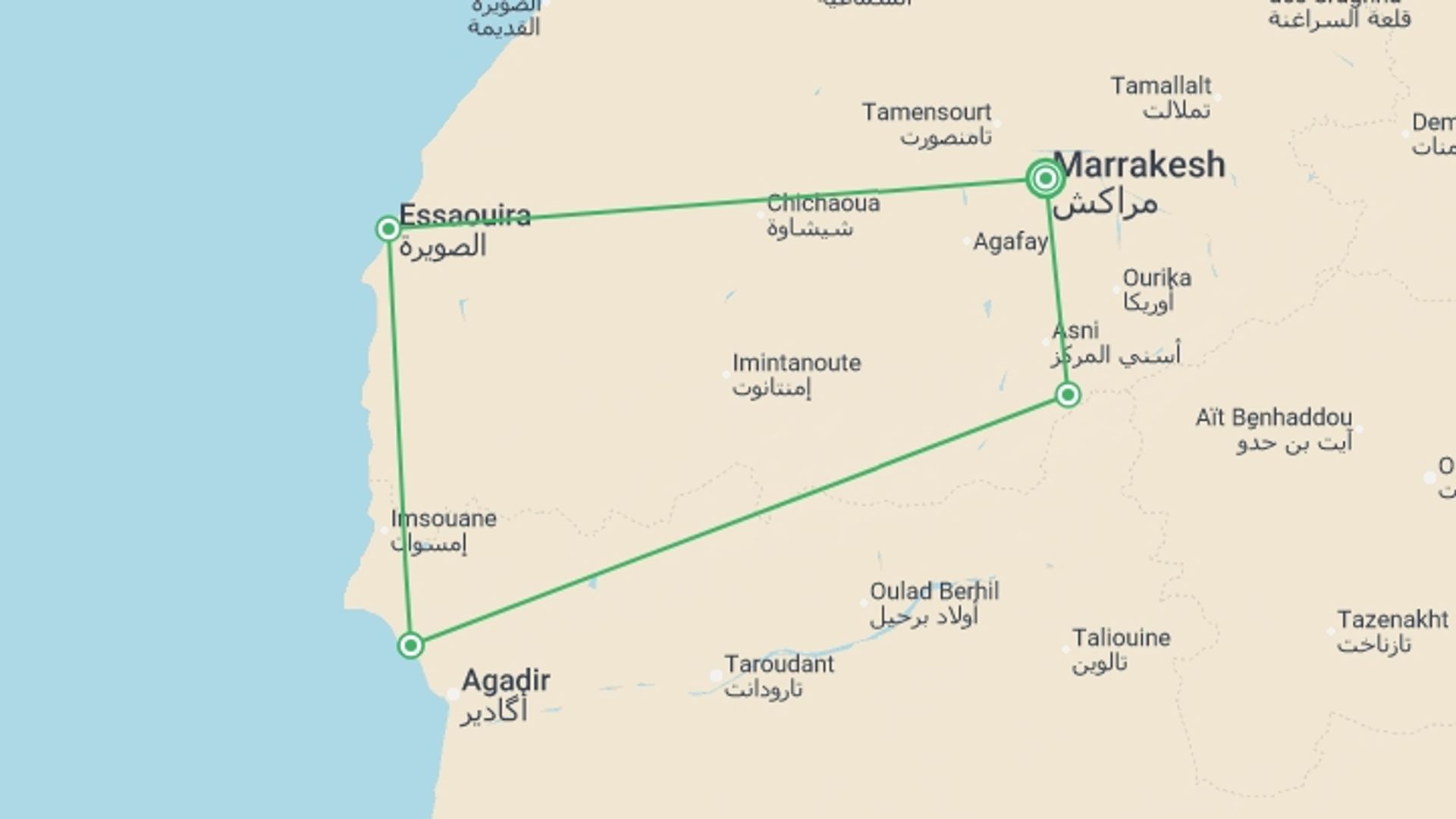 A map showing the tour itinerary for the trip: Five Days in Morocco, starting in Marrakech, Morocco and ending in Marrakech, Morocco going through 3 other destinations.