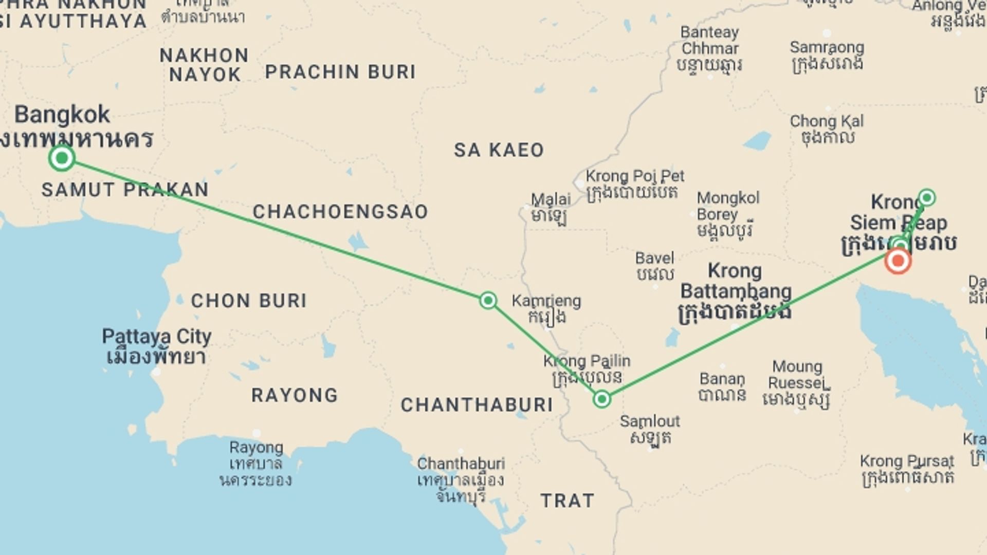 A map showing the tour itinerary for the trip: Biking Bangkok to Angkor Wat, starting in Bangkok, Thailand and ending in Siem Reap, Cambodia going through 6 other destinations.