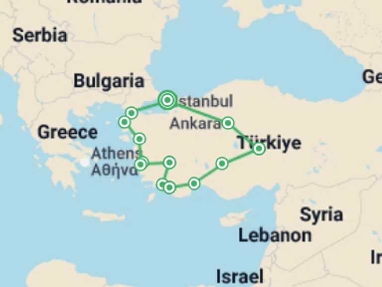 Map of 15-Day Europe Tour with 14 destination visits for the trip: Flying Carpet Tour