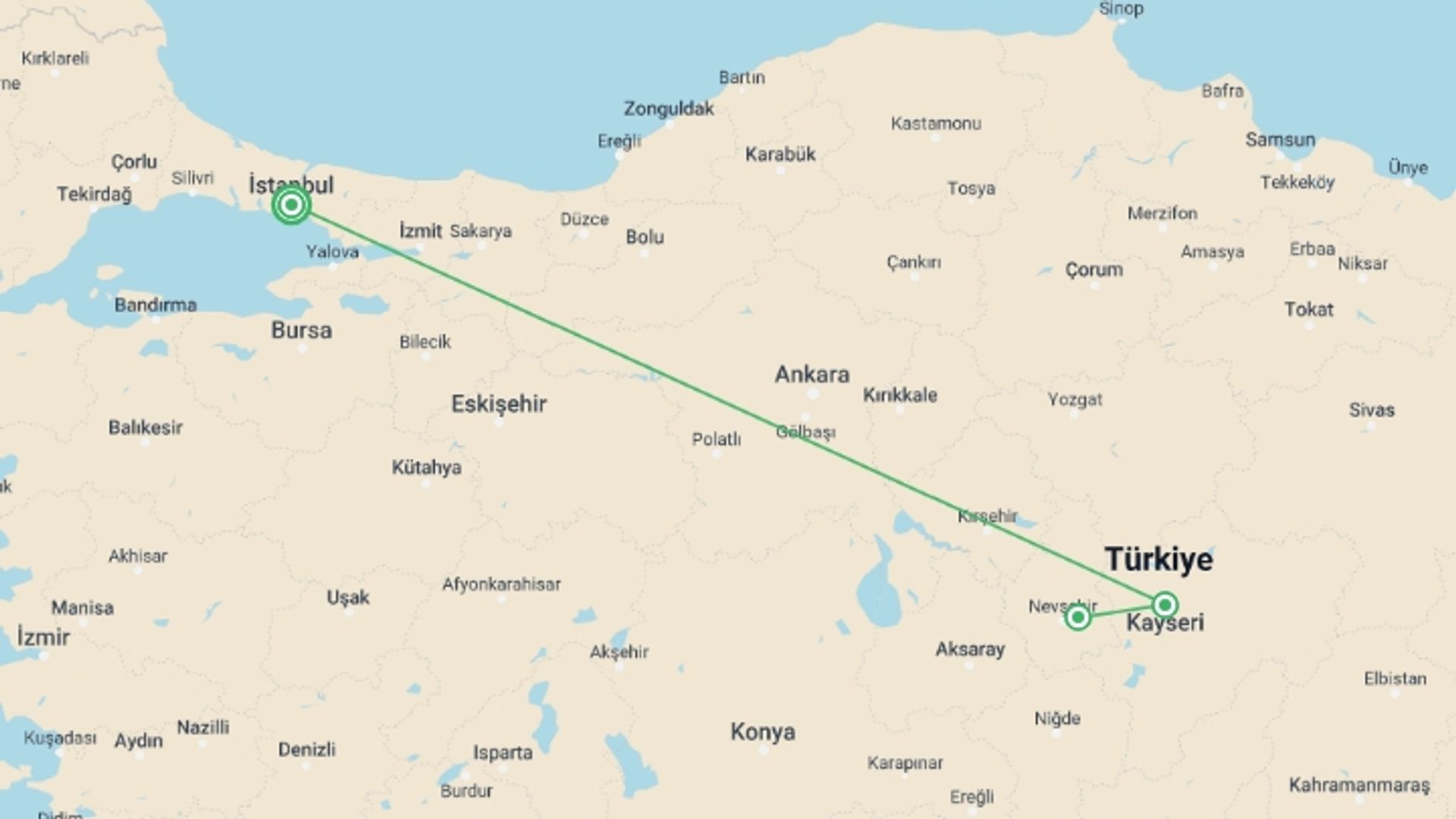 A map showing the tour itinerary for the trip: Istanbul & Cappadocia Package, starting in Istanbul, Turkey and ending in Istanbul, Turkey going through 1 other destinations.
